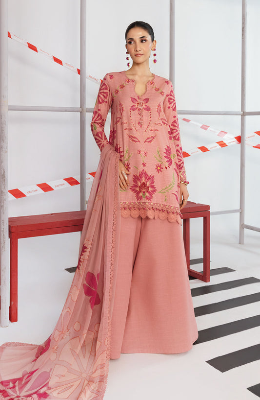 M Basics Digital Printed Slub Khaddar Unstitched 3 Piece Suit - 4A - MB25BSW - Pink - Winter Collection