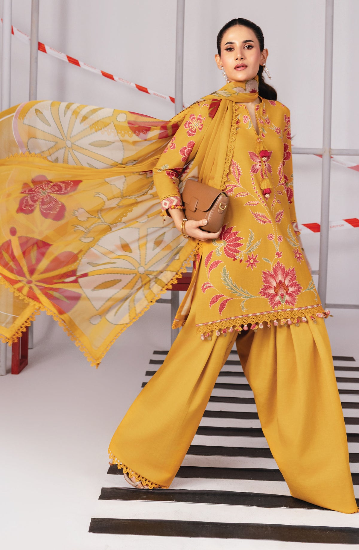 M Basics Digital Printed Slub Khaddar Unstitched 3 Piece Suit - 4B - MB25BSW - Mustard - Winter Collection