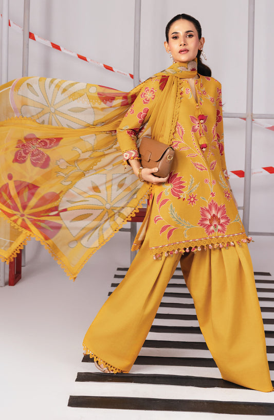 M Basics Digital Printed Slub Khaddar Unstitched 3 Piece Suit - 4B - MB25BSW - Mustard - Winter Collection