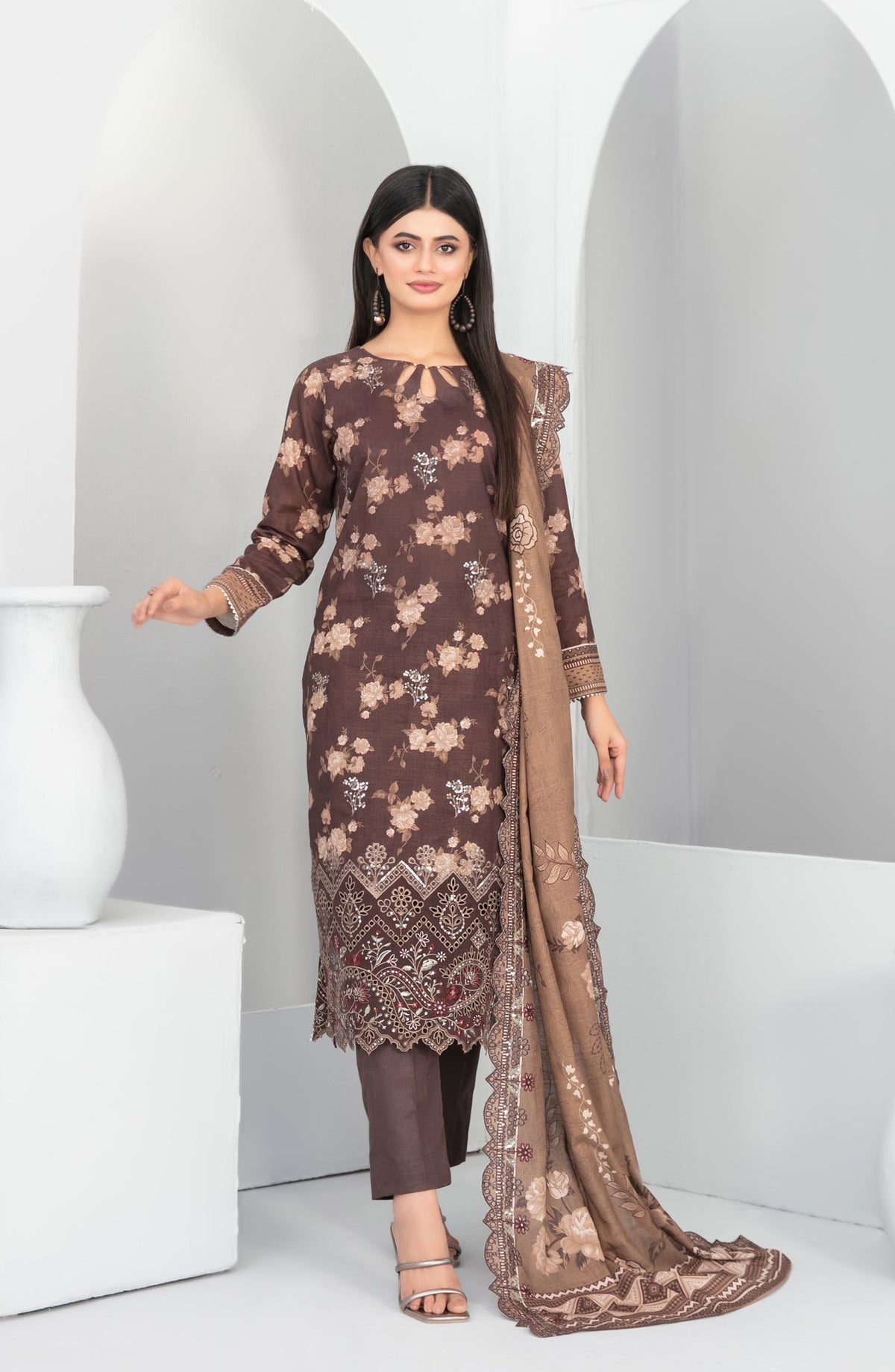 Madea by Tawakkal Fabrics Embroidered Khaddar Unstitched 3 Piece Suit - D-4774 - TF25MDEA - Brown - Winter Collection