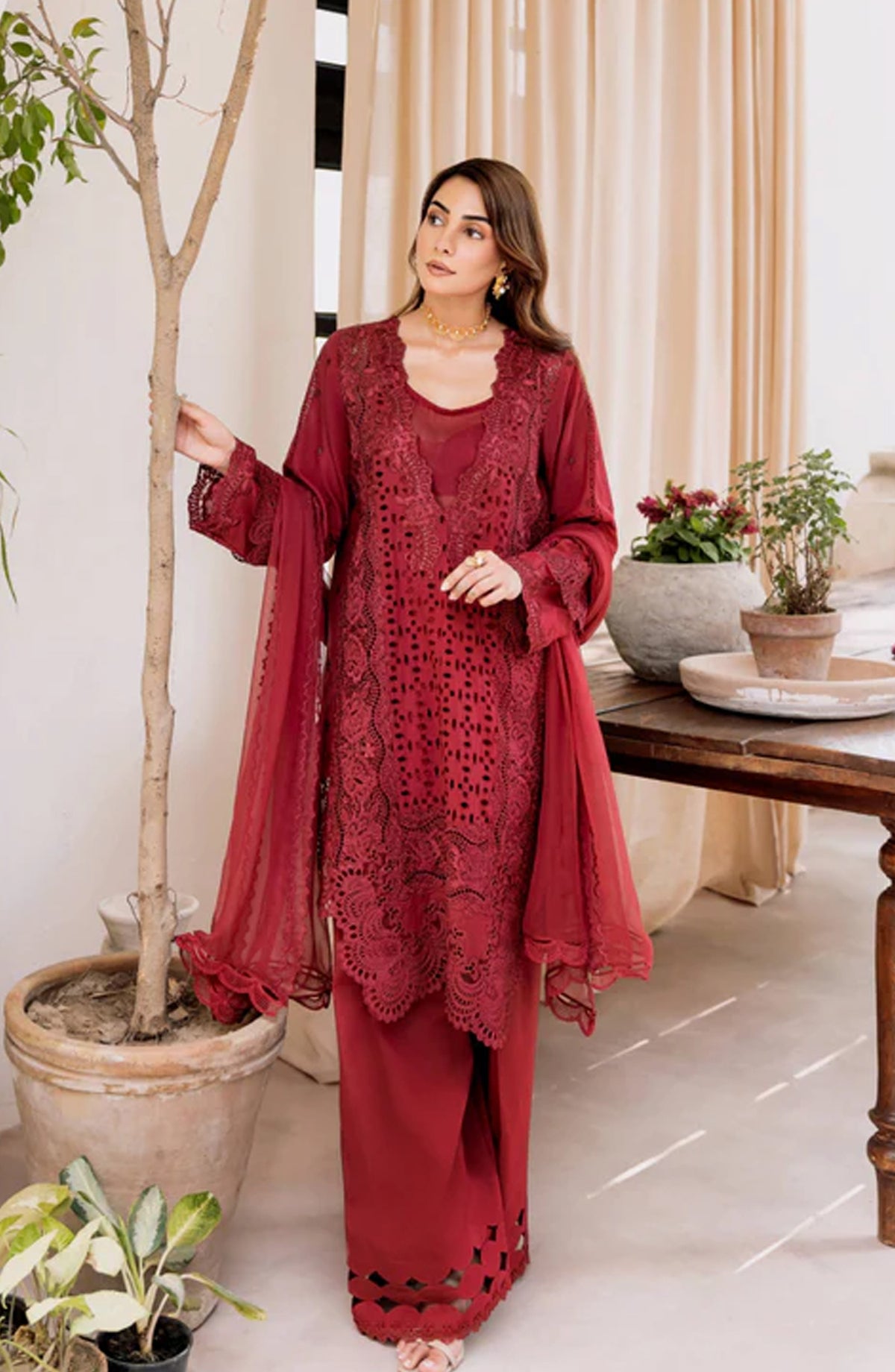 Magnolia Garden by Manara Embroidered Lawn Unstitched 3 Piece Suit - SCARLETT - MNR25MG - Maroon - Summer Collection