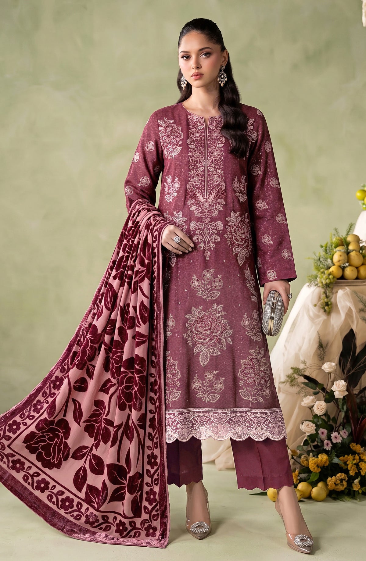 Mah-e-Naaz by Amna Khadija Embroidered Chamki Dhanak Unstitched 3 Piece Suit - D-01 - AM26MHN - Pink - Winter Collection