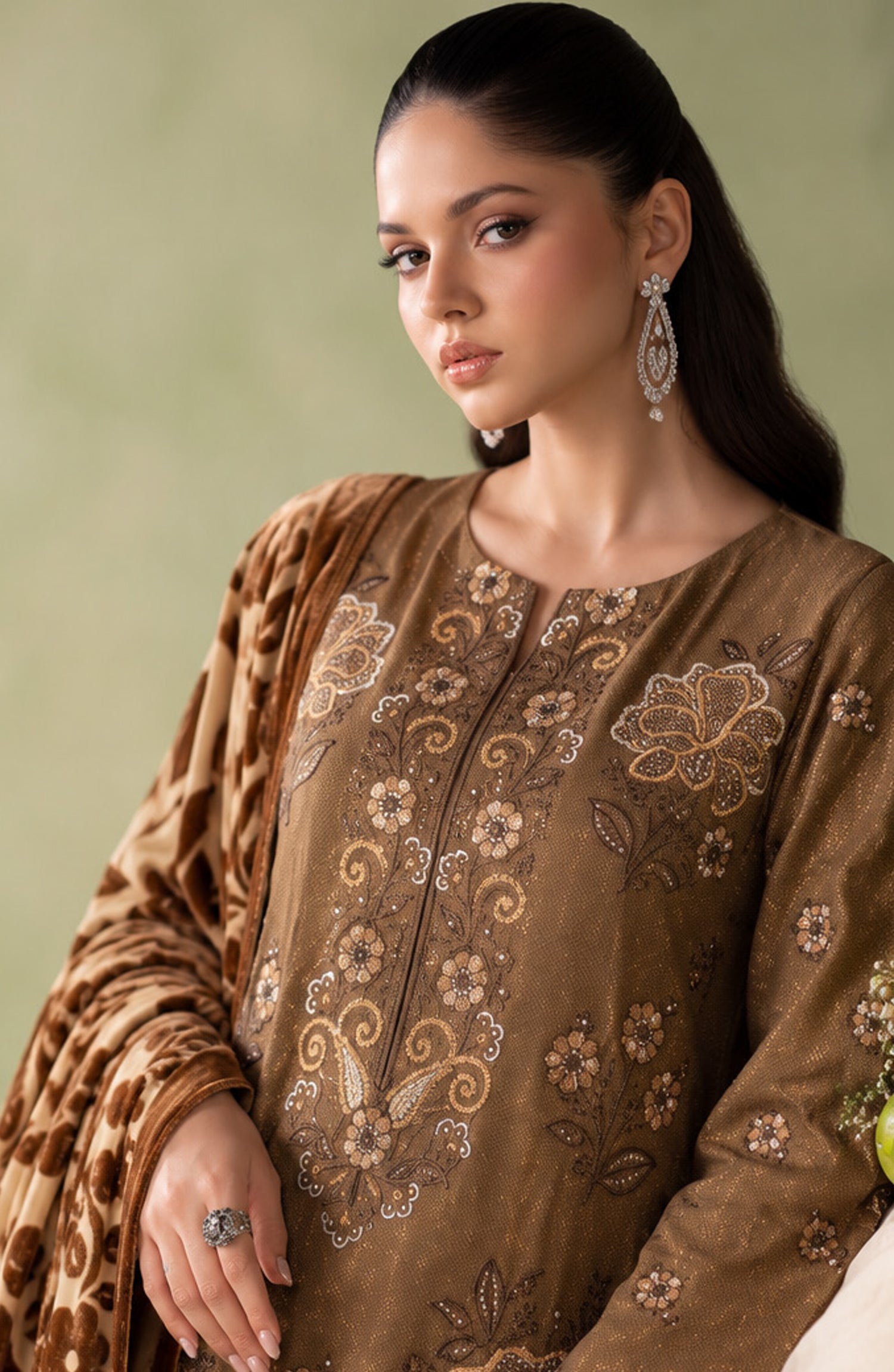 Mah-e-Naaz by Amna Khadija Embroidered Chamki Dhanak Unstitched 3 Piece Suit - D-02 - AM26MHN - Brown - Winter Collection