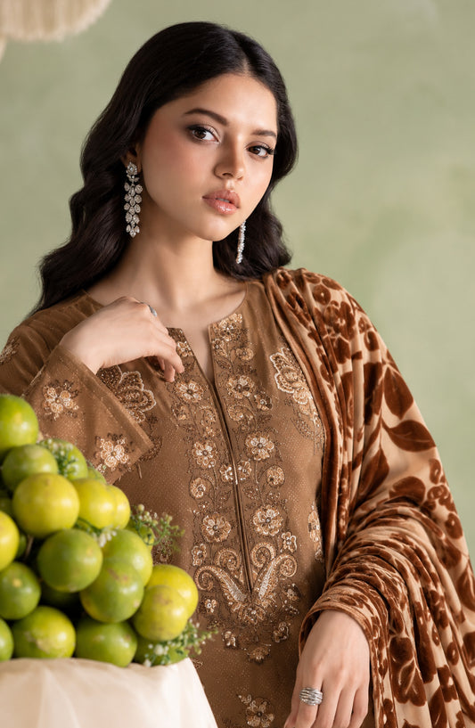Mah-e-Naaz by Amna Khadija Embroidered Chamki Dhanak Unstitched 3 Piece Suit - D-02 - AM26MHN - Brown - Winter Collection