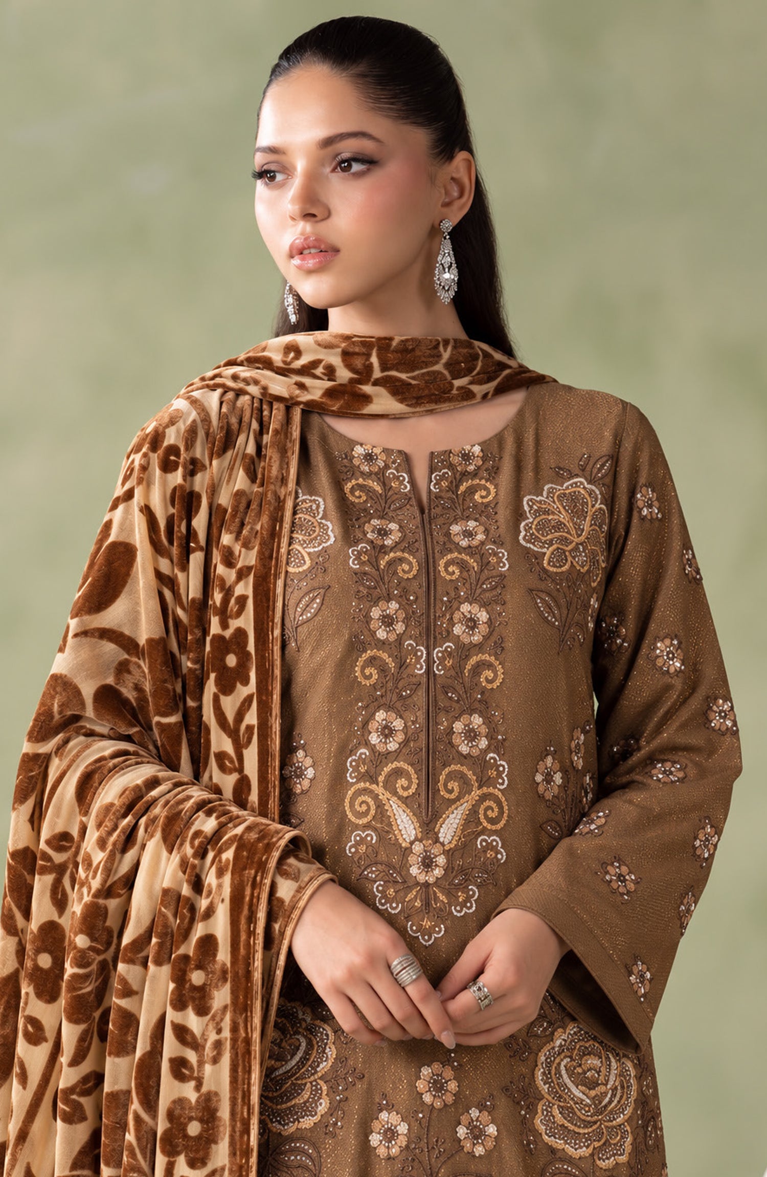 Mah-e-Naaz by Amna Khadija Embroidered Chamki Dhanak Unstitched 3 Piece Suit - D-02 - AM26MHN - Brown - Winter Collection