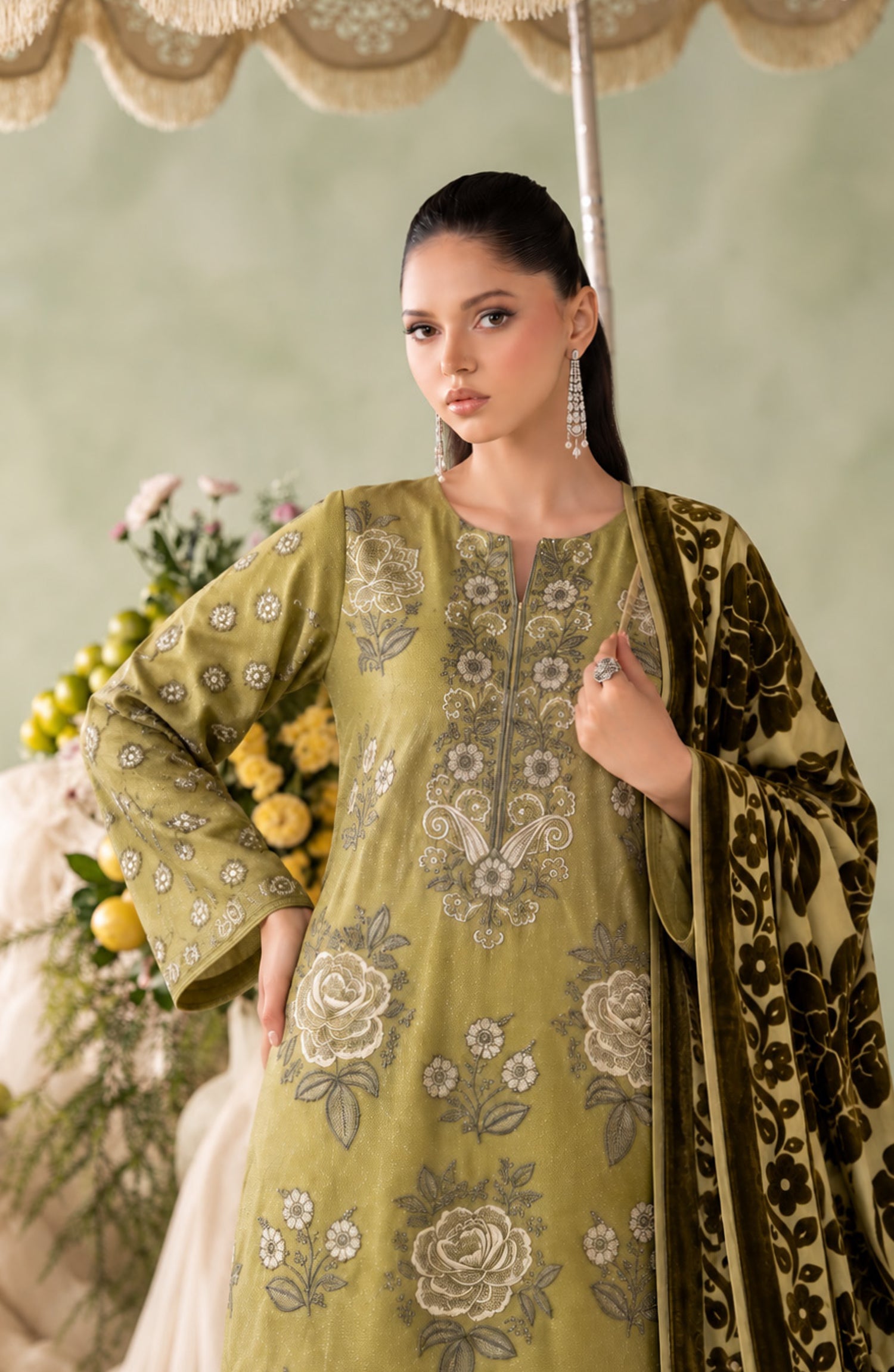 Mah-e-Naaz by Amna Khadija Embroidered Chamki Dhanak Unstitched 3 Piece Suit - D-04 - AM26MHN - Green - Winter Collection