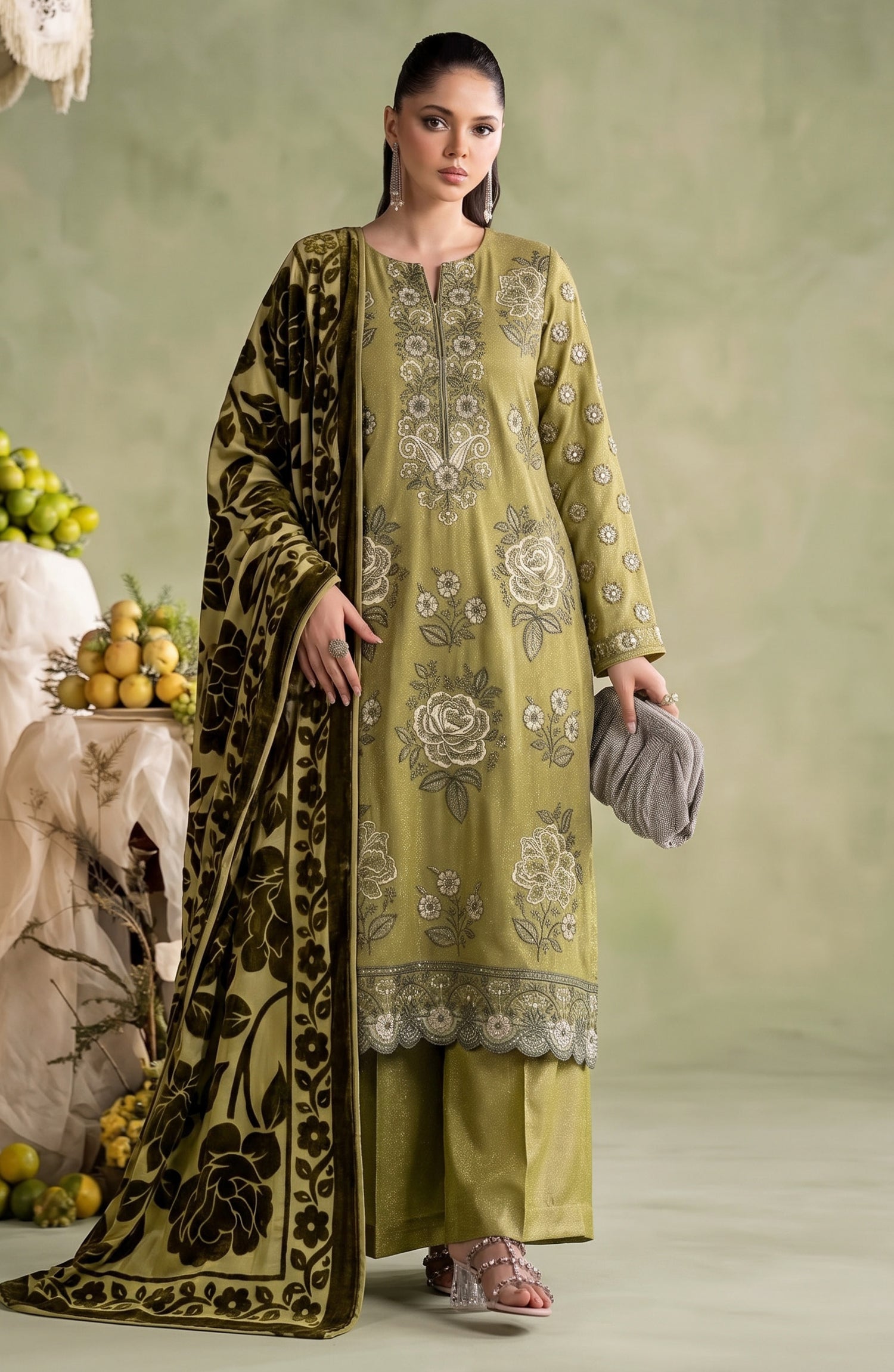 Mah-e-Naaz by Amna Khadija Embroidered Chamki Dhanak Unstitched 3 Piece Suit - D-04 - AM26MHN - Green - Winter Collection