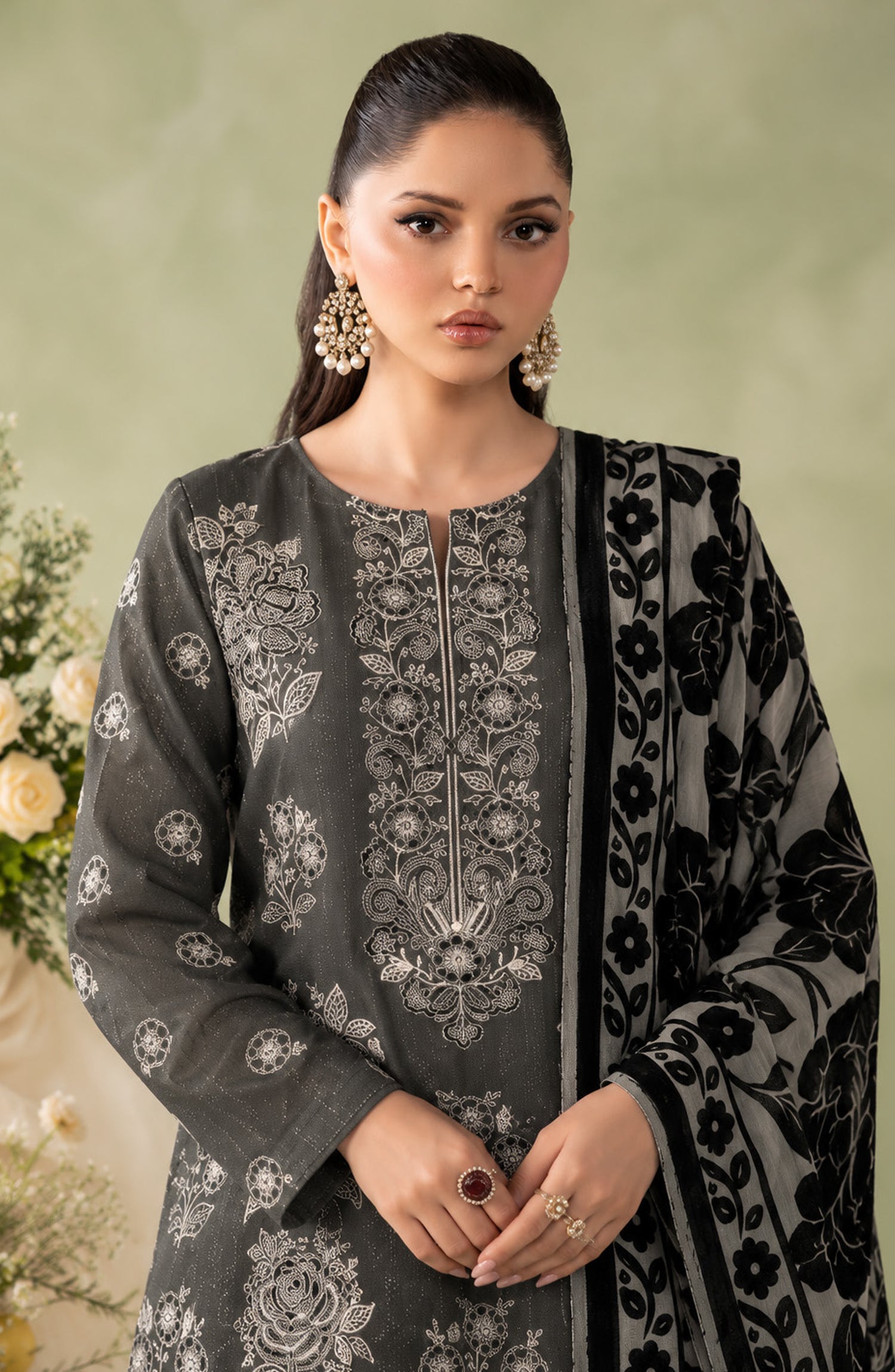 Mah-e-Naaz by Amna Khadija Embroidered Chamki Dhanak Unstitched 3 Piece Suit - D-05 - AM26MHN - Black - Winter Collection