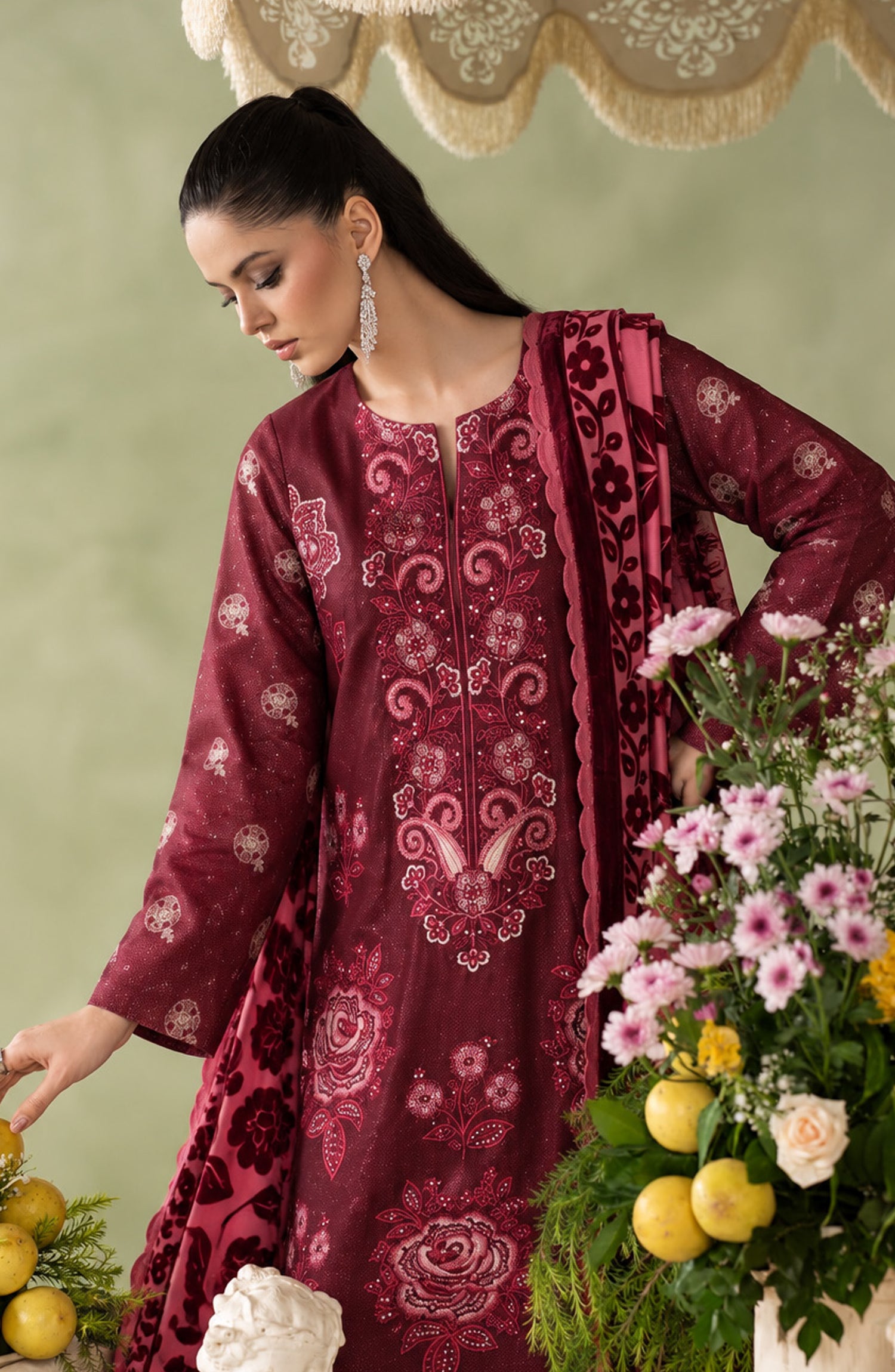 Mah-e-Naaz by Amna Khadija Embroidered Chamki Dhanak Unstitched 3 Piece Suit - D-06 - AM26MHN - Maroon - Winter Collection