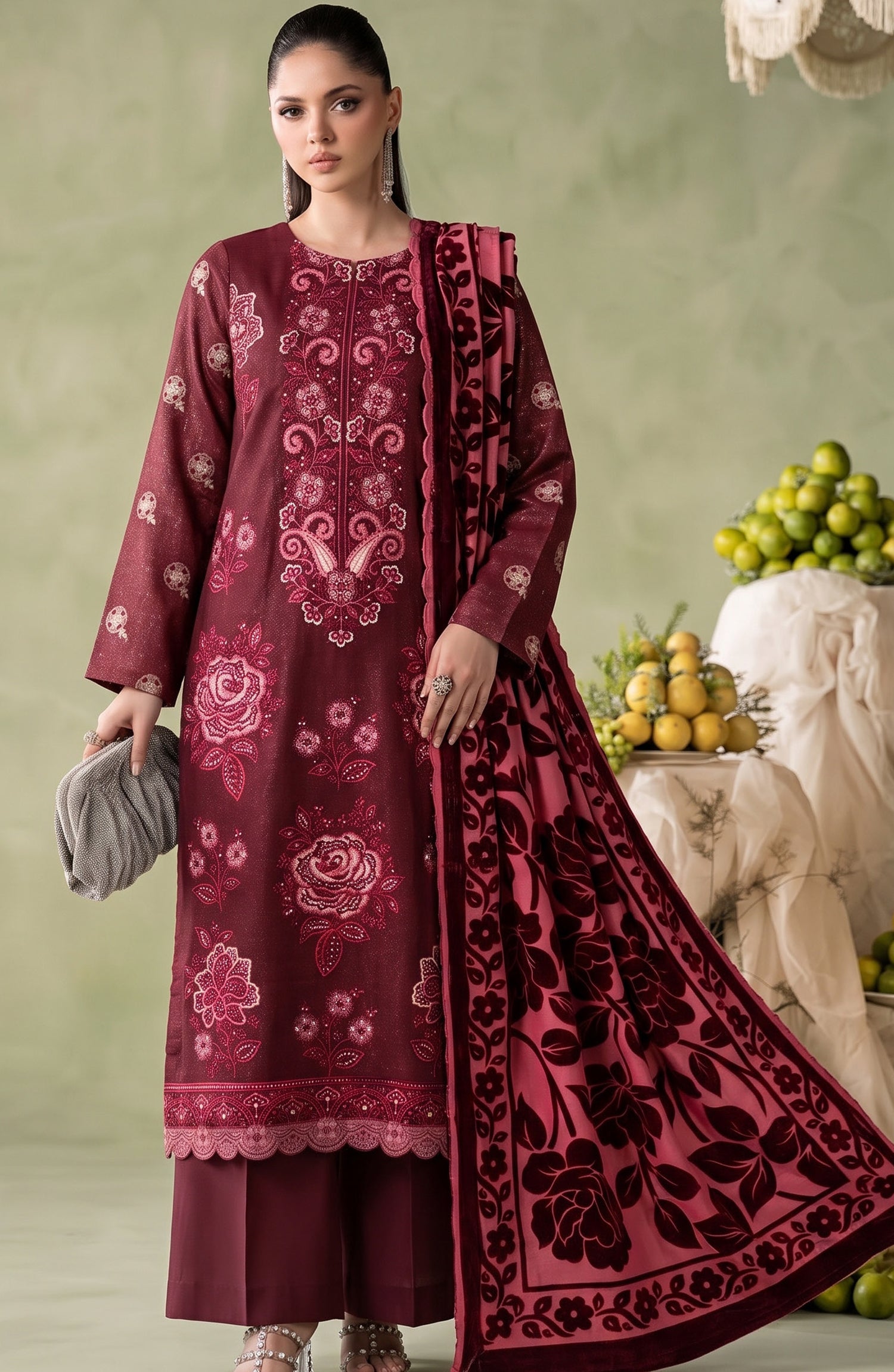 Mah-e-Naaz by Amna Khadija Embroidered Chamki Dhanak Unstitched 3 Piece Suit - D-06 - AM26MHN - Maroon - Winter Collection