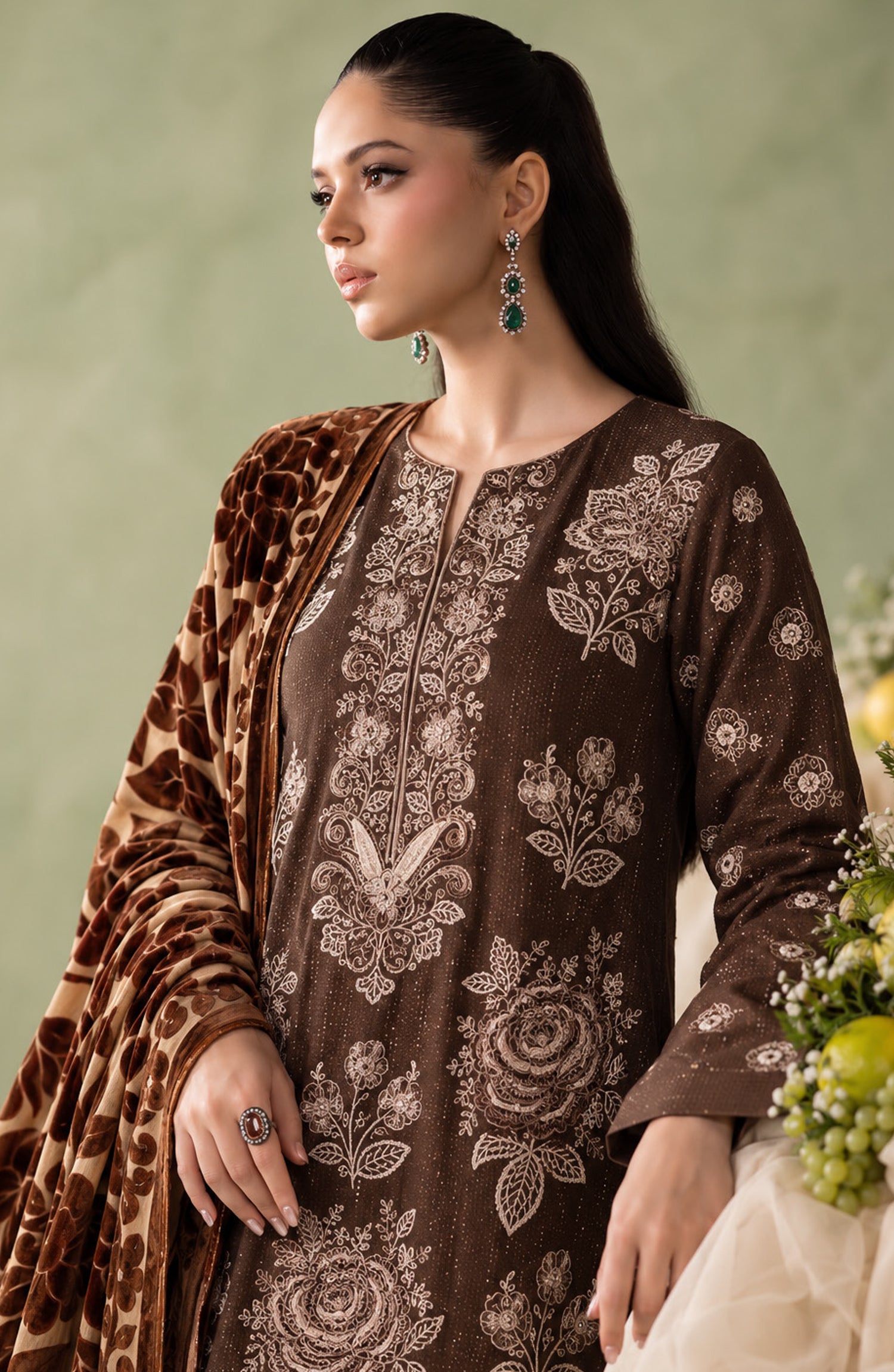 Mah-e-Naaz by Amna Khadija Embroidered Chamki Dhanak Unstitched 3 Piece Suit - D-07 - AM26MHN - Brown - Winter Collection