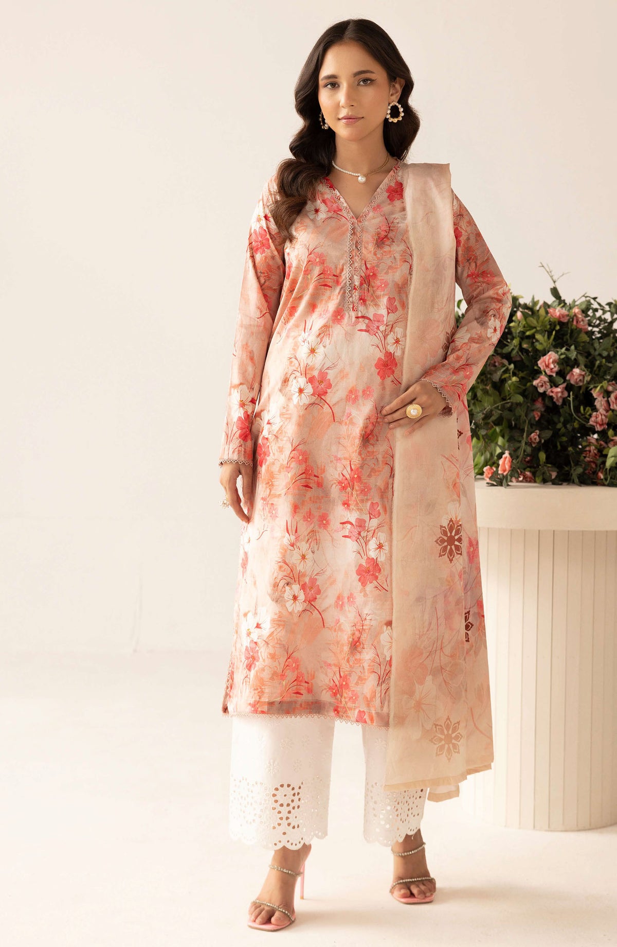 Mahee's by Riaz Arts Embroidered Lawn Unstitched 3 Piece Suit - Design-04 - RA25PRM - Peach - Summer Collection