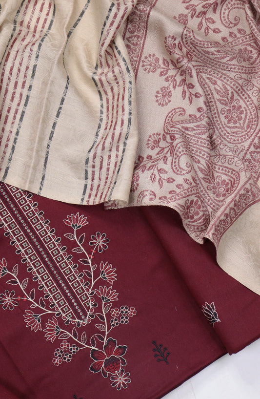 Mahjabeen Premium Embroidered Dhanak Unstitched 3 Piece Suit - Design-07 - AM25MHJN - Maroon - Winter Collection
