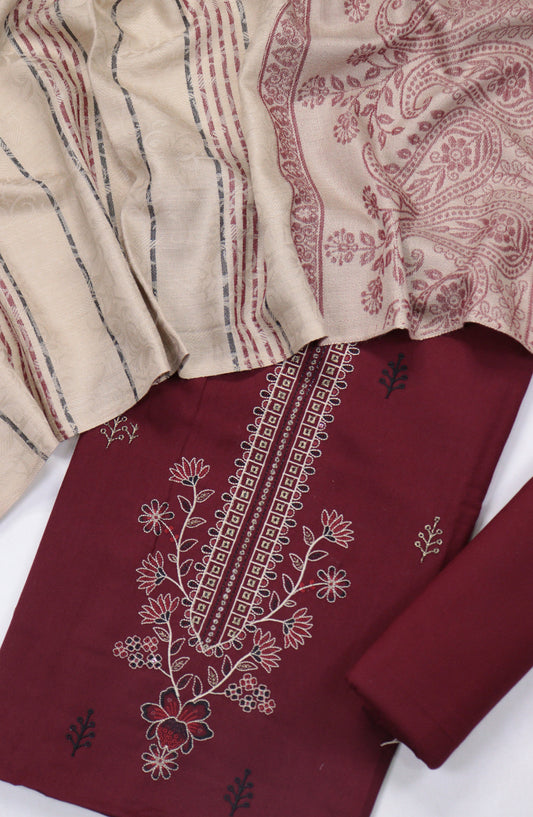 Mahjabeen Premium Embroidered Dhanak Unstitched 3 Piece Suit - Design-07 - AM25MHJN - Maroon - Winter Collection