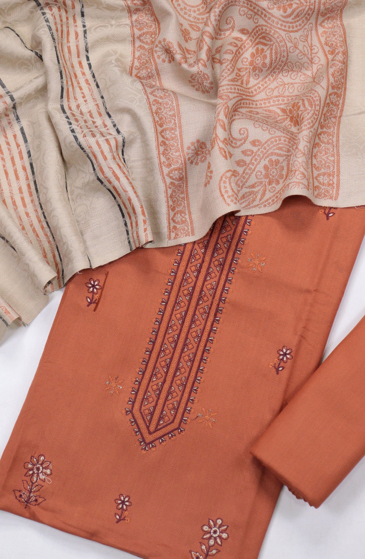 Mahjabeen Premium Embroidered Dhanak Unstitched 3 Piece Suit - Design-06 - AM25MHJN - Orange - Winter Collection