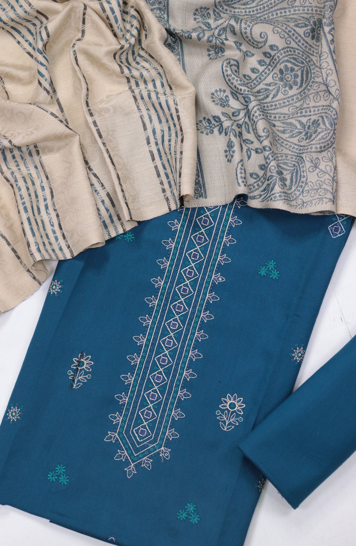 Mahjabeen Premium Embroidered Dhanak Unstitched 3 Piece Suit - Design-03 - AM25MHJN - Blue - Winter Collection