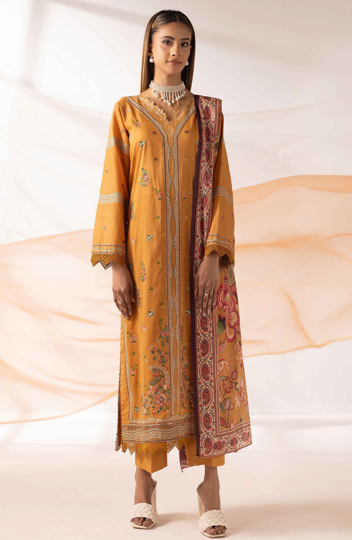 Mahjabeen by Al Karim Embroidered Lawn Unstitched 3 Piece Suit - M-107 - AK26MHJ - Yellow - Summer Collection