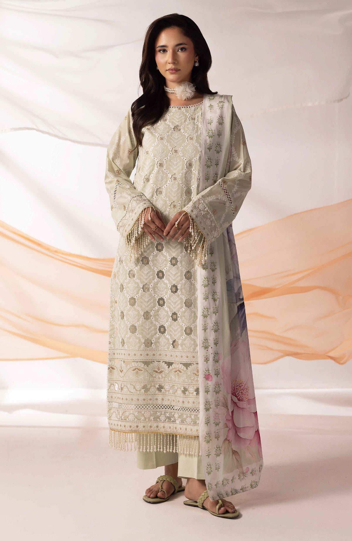 Mahjabeen by Al Karim Embroidered Lawn Unstitched 3 Piece Suit - M-104 - AK26MHJ - Off White - Summer Collection