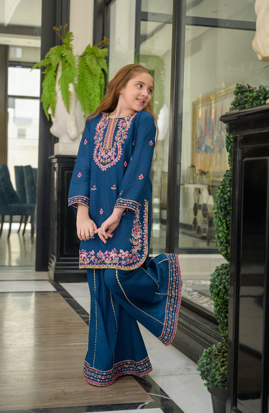 Fresh Birds Embroidered Cotton Lawn Stitched 2 Piece Suit - Mahnoor - FBR26TW - Blue - Festive Girls Collection