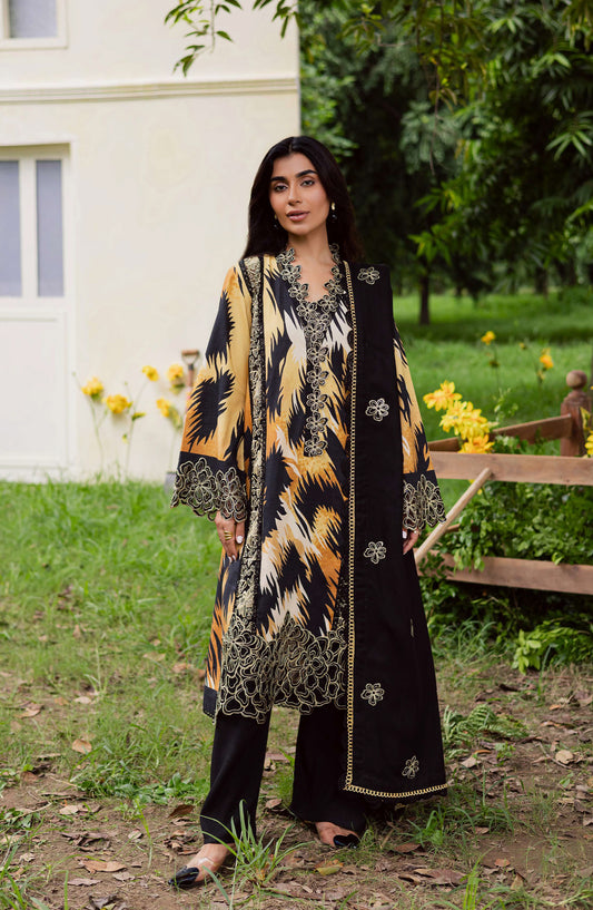 Mahnur Gardenia Embroidered Khaddar Unstitched 3 Piece Suit - GR-09 - MH25GR - Black - Winter Collection
