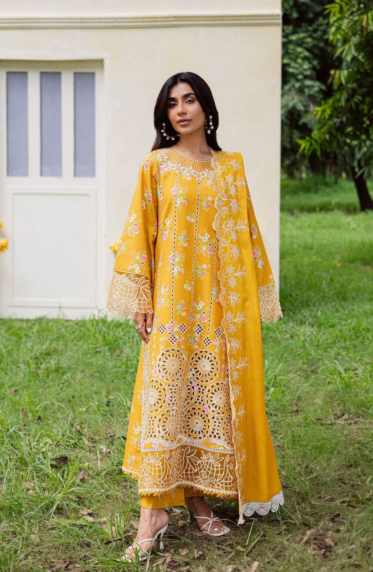 Mahnur Gardenia Embroidered Khaddar Unstitched 3 Piece Suit - GR-08 - MH25GR - Yellow - Winter Collection