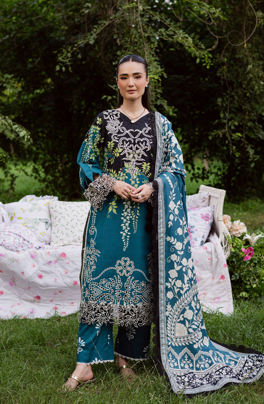 Mahnur Gardenia Embroidered Khaddar Unstitched 3 Piece Suit - GR-04 - MH25GR - Teal - Winter Collection