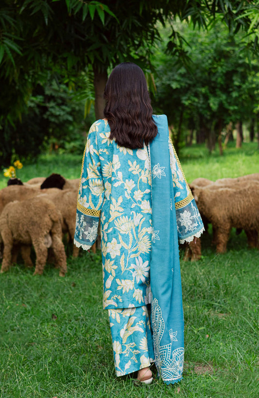 Mahnur Gardenia Embroidered Khaddar Unstitched 3 Piece Suit - GR-11 - MH25GR - Sky Blue - Winter Collection