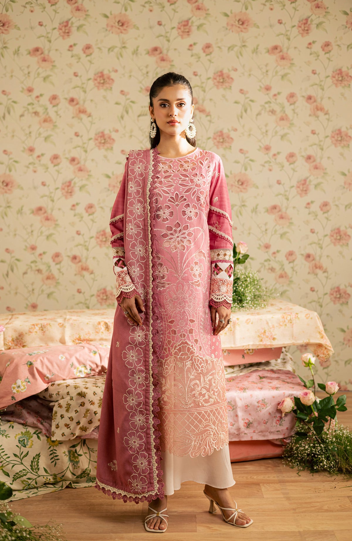 Mahnur Kaia Embroidered Slub Linen Unstitched 3 Piece Suit - KO-13 - MH25KAI - Pink - Winter Collection