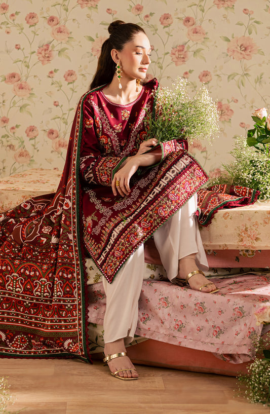 Mahnur Kaia Embroidered Slub Linen Unstitched 3 Piece Suit - KO-12 - MH25KAI - Maroon - Winter Collection