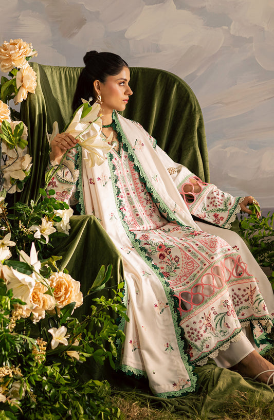 Mahnur Kaia Embroidered Slub Linen Unstitched 3 Piece Suit - KO-11 - MH25KAI - White - Winter Collection