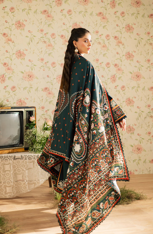 Mahnur Kaia Embroidered Slub Linen Unstitched 3 Piece Suit - KO-08 - MH25KAI - Teal - Winter Collection