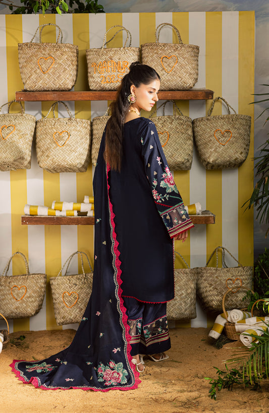 Mahnur Kaia Embroidered Slub Linen Unstitched 3 Piece Suit - KO-06 - MH25KAI - Blue - Winter Collection