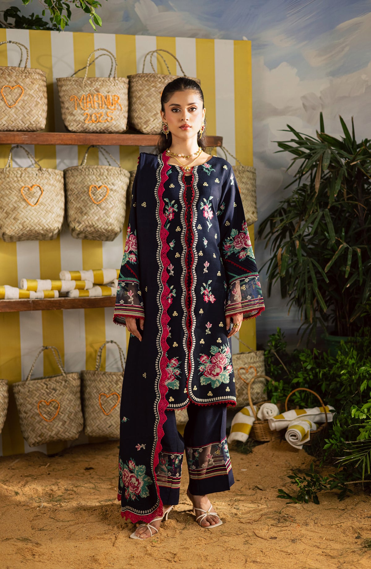 Mahnur Kaia Embroidered Slub Linen Unstitched 3 Piece Suit - KO-06 - MH25KAI - Blue - Winter Collection