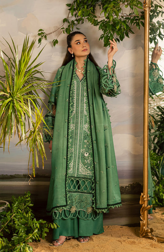 Mahnur Kaia Embroidered Slub Linen Unstitched 3 Piece Suit - KO-05 - MH25KAI - Green - Winter Collection