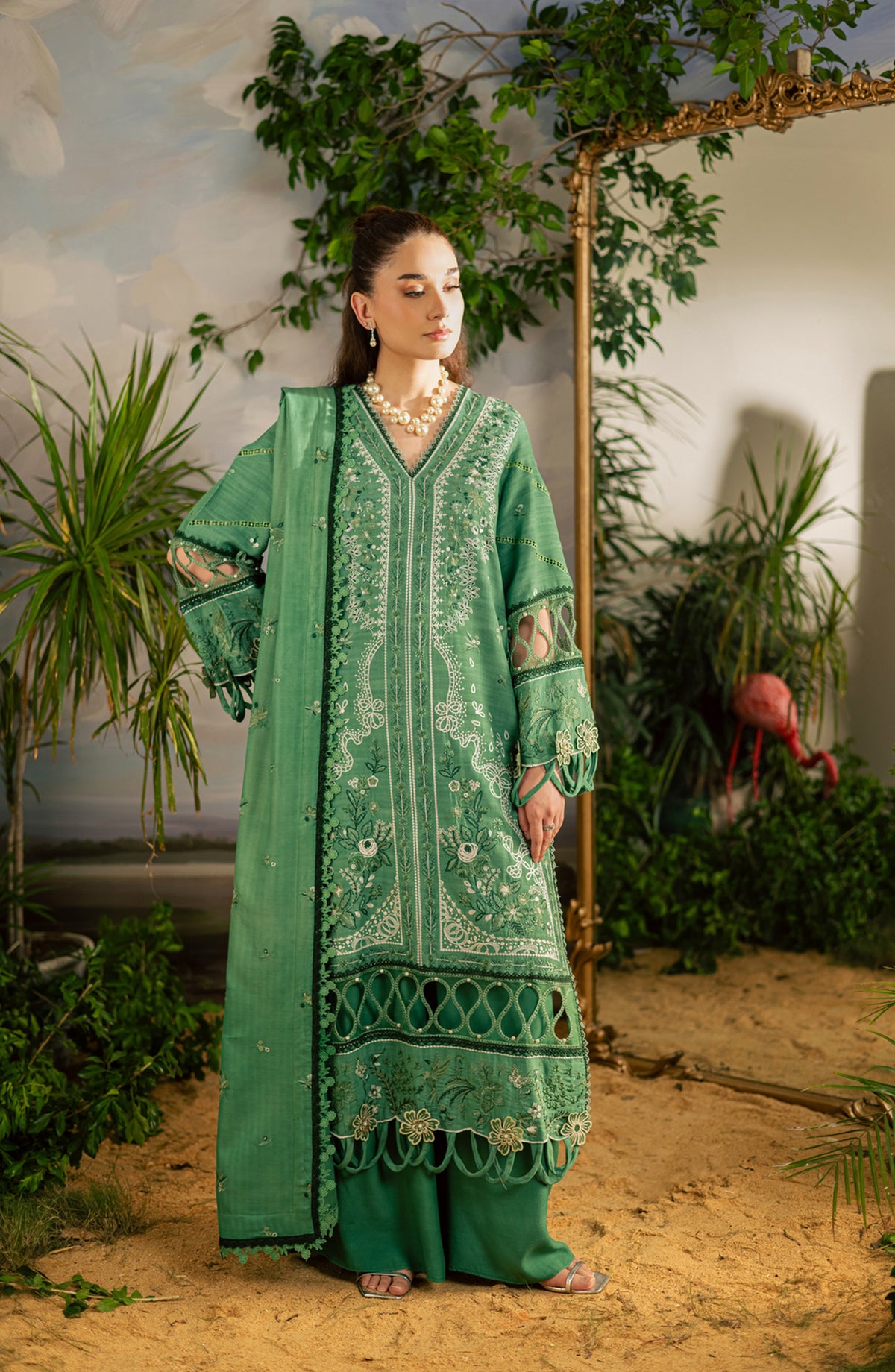 Mahnur Kaia Embroidered Slub Linen Unstitched 3 Piece Suit - KO-05 - MH25KAI - Green - Winter Collection