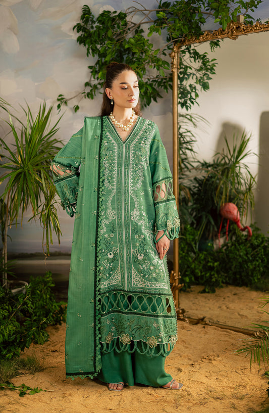 Mahnur Kaia Embroidered Slub Linen Unstitched 3 Piece Suit - KO-05 - MH25KAI - Green - Winter Collection