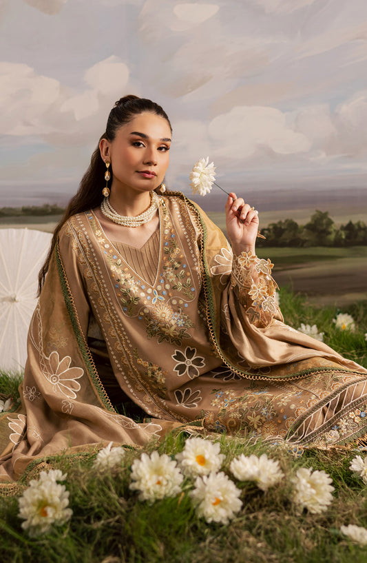 Mahnur Kaia Embroidered Slub Linen Unstitched 3 Piece Suit - KO-04 - MH25KAI - Beige - Winter Collection