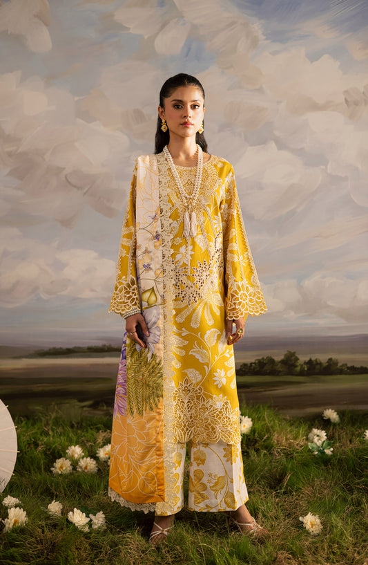 Mahnur Kaia Embroidered Slub Linen Unstitched 3 Piece Suit - KO-03 - MH25KAI - Yellow - Winter Collection