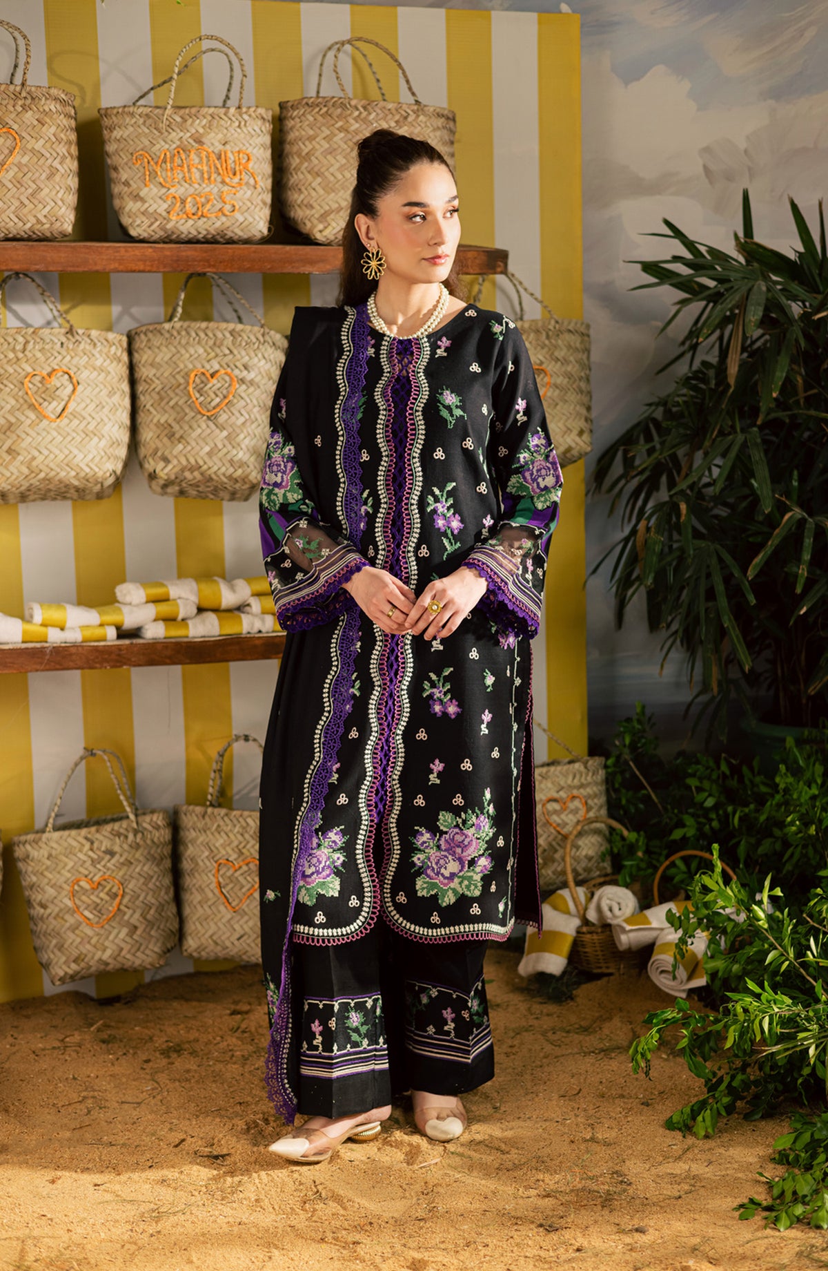 Mahnur Kaia Embroidered Slub Linen Unstitched 3 Piece Suit - KO-02 - MH25KAI - Black - Winter Collection