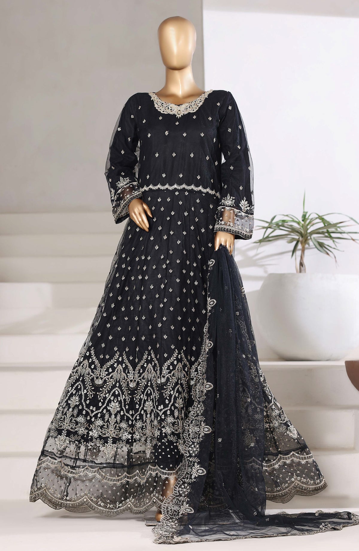 Mahpara by Sadabahar Embroidered Net Stitched 3 Piece Suit - Design-01 - SBD25PRLM - Black - Luxury Festive Collection