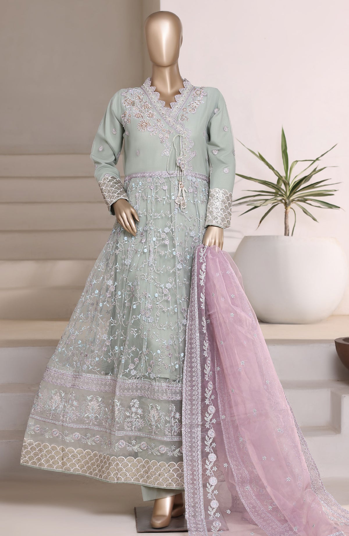 Mahpara by Sadabahar Embroidered Net Stitched 3 Piece Suit - Design-02 - SBD25HPRA - Green - Luxury Festive Collection