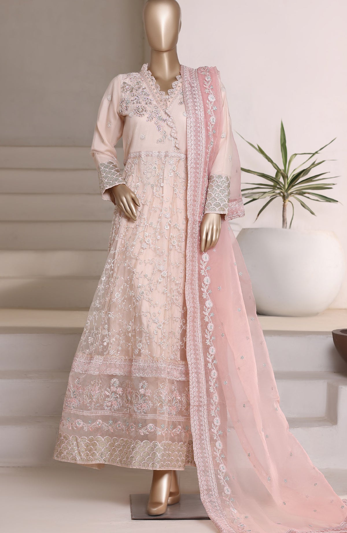 Mahpara by Sadabahar Embroidered Net Stitched 3 Piece Suit - Design-01 - SBD25HPRA - Pink - Luxury Festive Collection