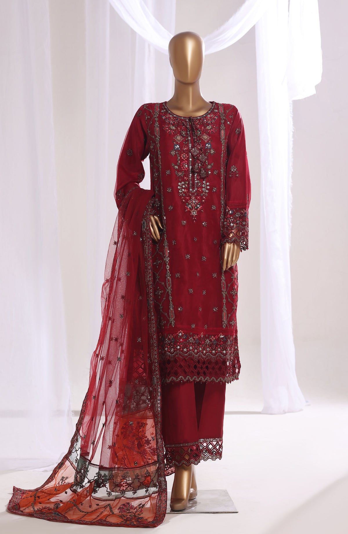 Mahpara by Sadabahar Embroidered Organza Stitched 3 Piece Suit - AQ-25 - SBD25MHAPA - Red - Festive Collection