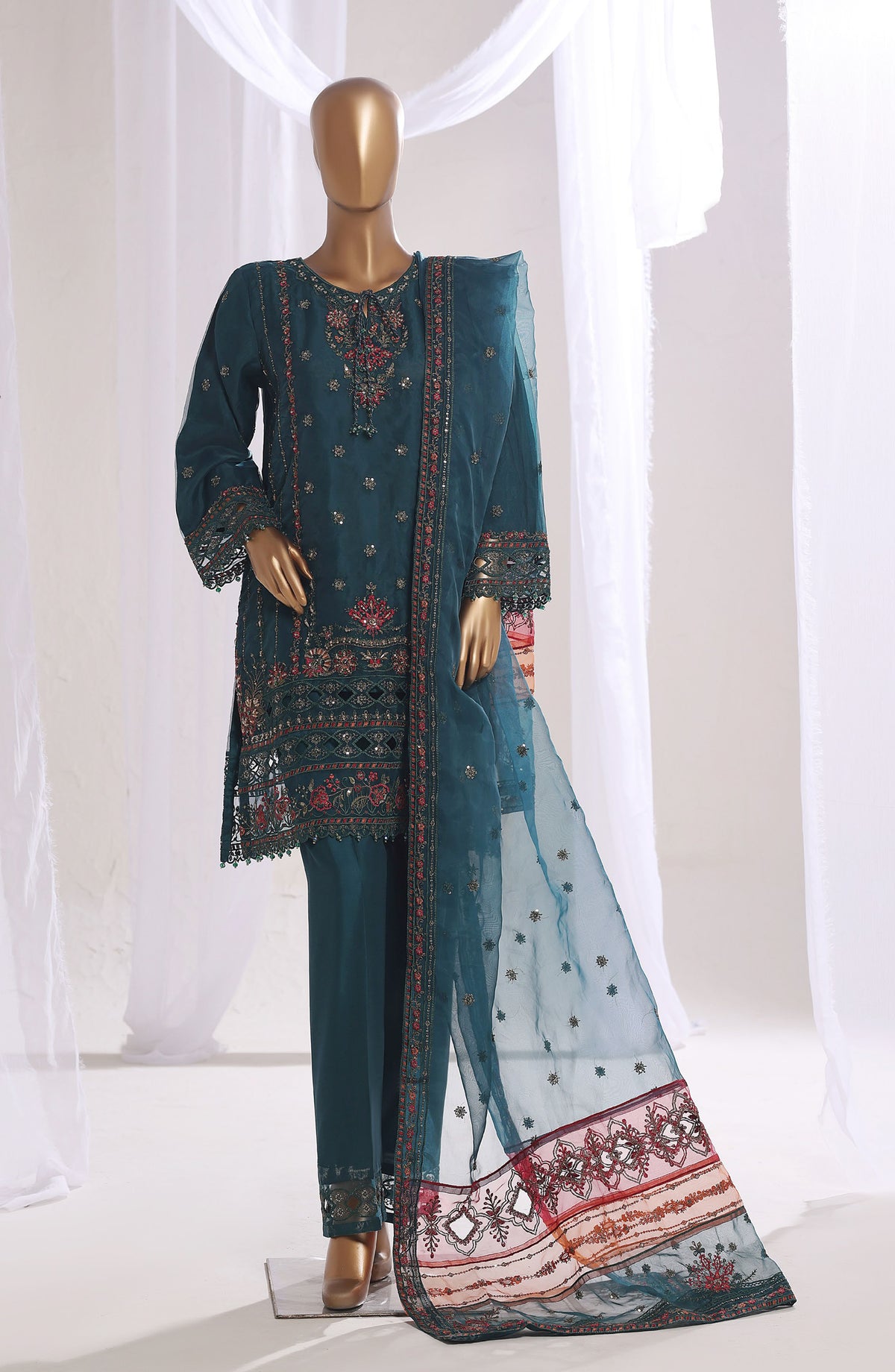 Mahpara by Sadabahar Embroidered Organza Stitched 3 Piece Suit - B-37 - SBD25MHAPA - Teal - Festive Collection