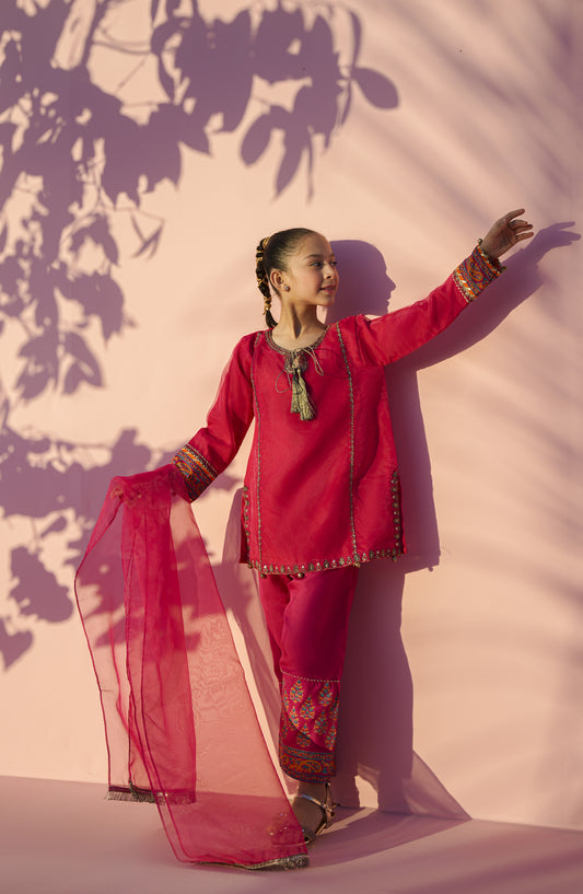 Main Hun Maryam Guriya by Amna Khadija Embroidered Organza Stitched 3 Piece Suit - MHMG-05 - AM26MRM - Shocking Pink - Girls Festive Collection