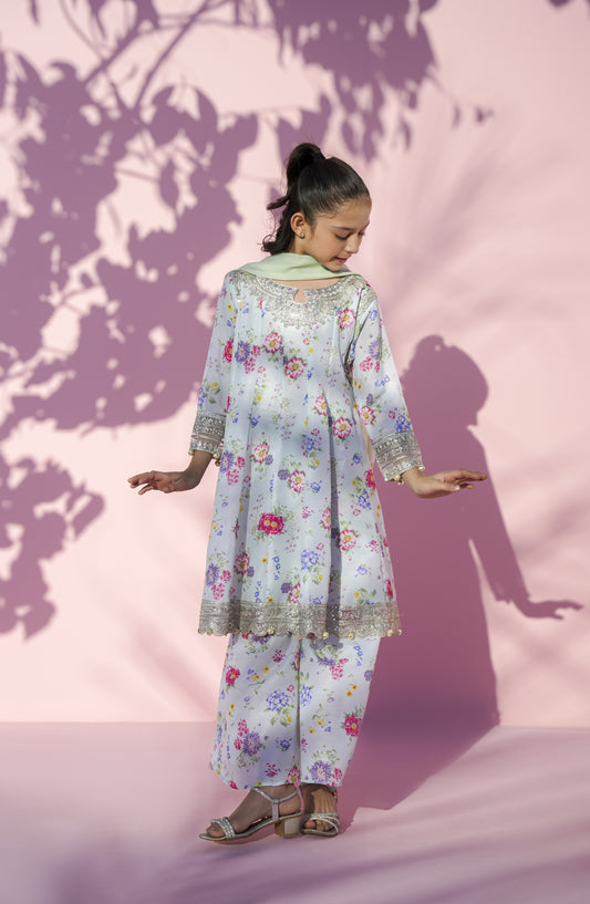 Main Hun Maryam Guriya by Amna Khadija Embroidered Poly Lawn Stitched 3 Piece Suit - MHMG-01 - AM26MRM - Sky Blue - Girls Festive Collection