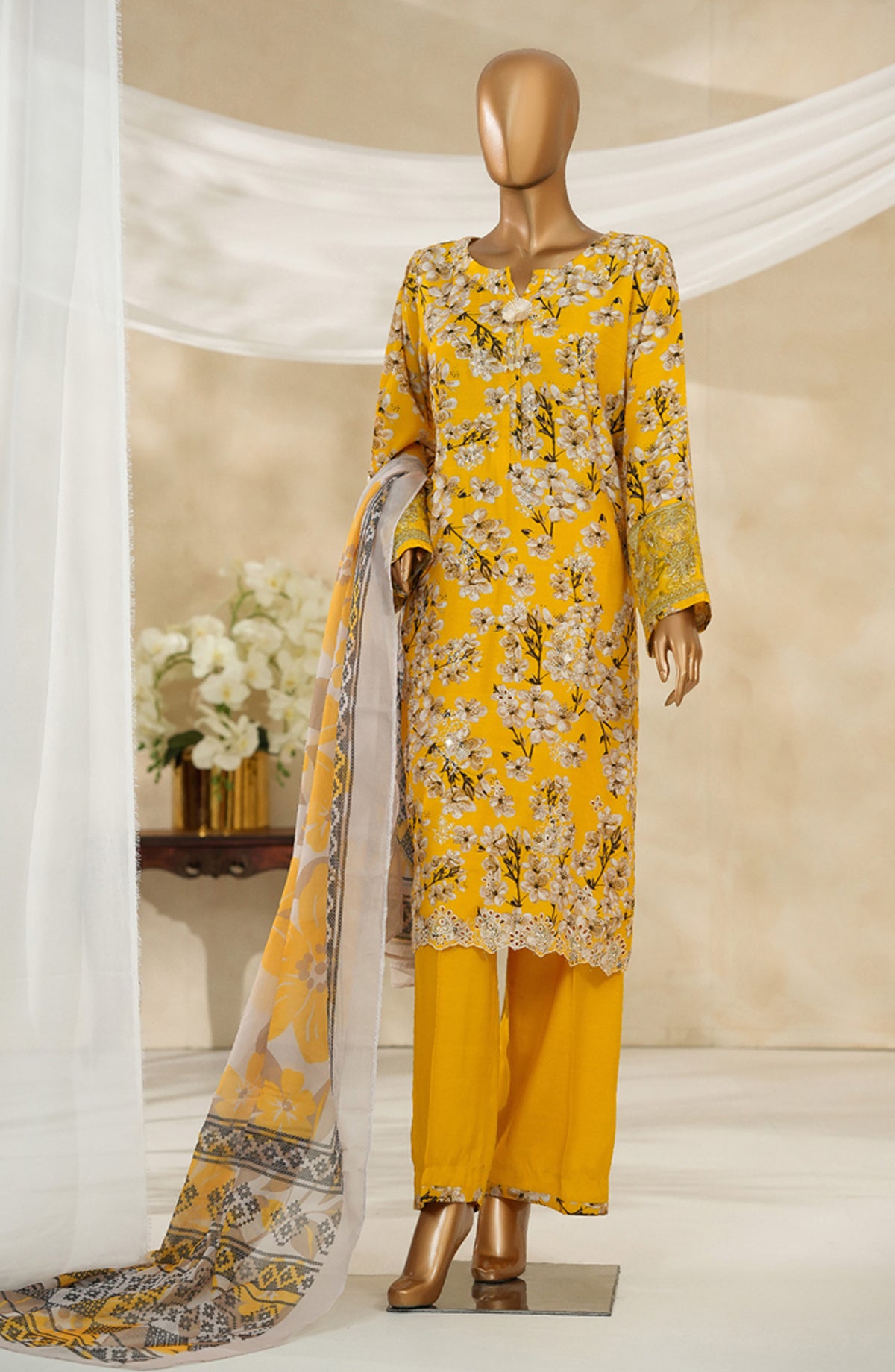 Majestic by HZ Textile Embroidered Silk Stitched 3 Piece Suit - PRE-112 - HZ25MJSL - Yellow Multi - Formals Collection