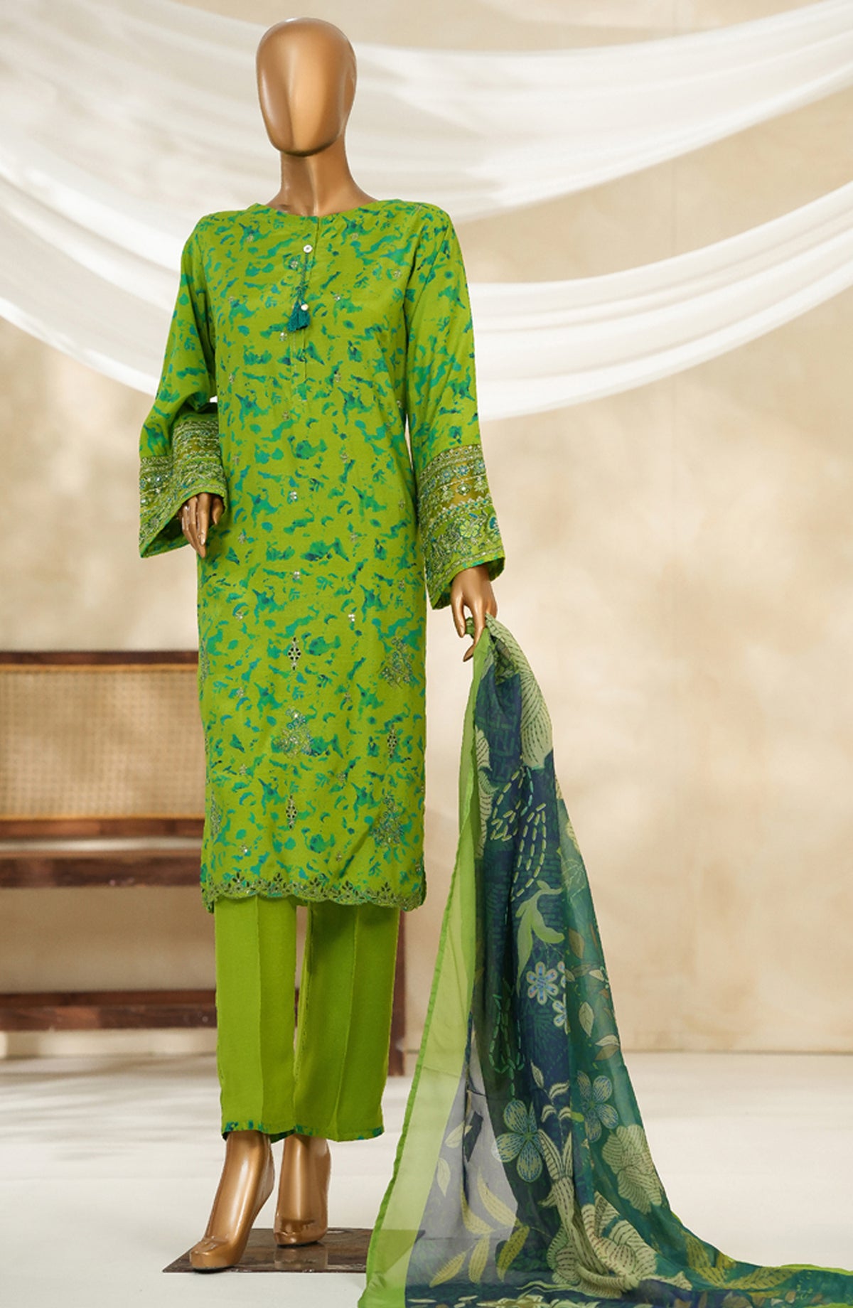 Majestic by HZ Textile Embroidered Silk Stitched 3 Piece Suit - PRE-111 - HZ25MJSL - Neon Green - Formals Collection