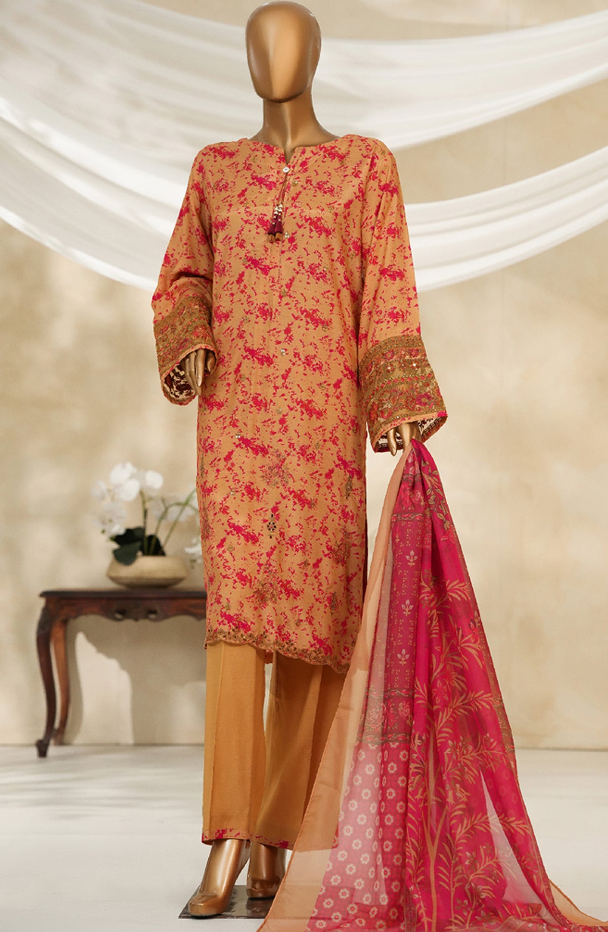 Majestic by HZ Textile Embroidered Silk Stitched 3 Piece Suit - PRE-110 - HZ25MJSL - Gold Maroon - Formals Collection