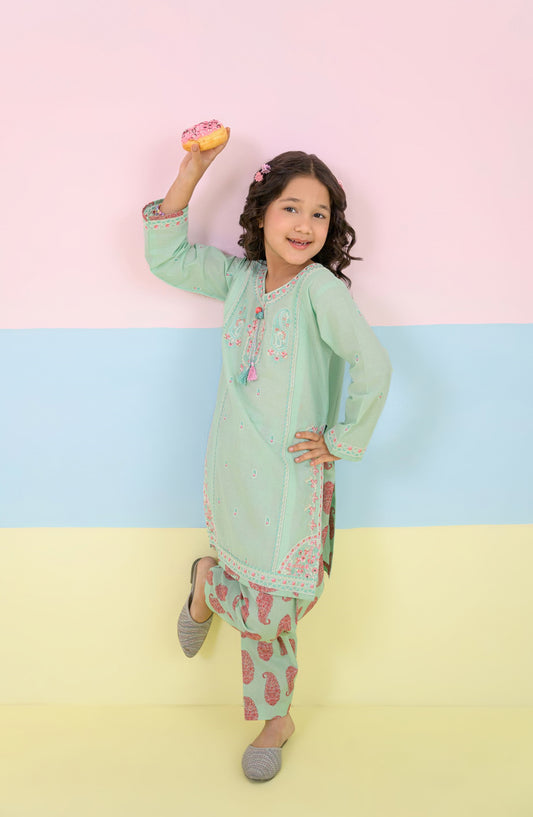 Fresh Birds Embroidered Cotton Lawn Stitched 2 Piece Suit - Majesty - FBR26TW - Sky Blue - Festive Girls Collection